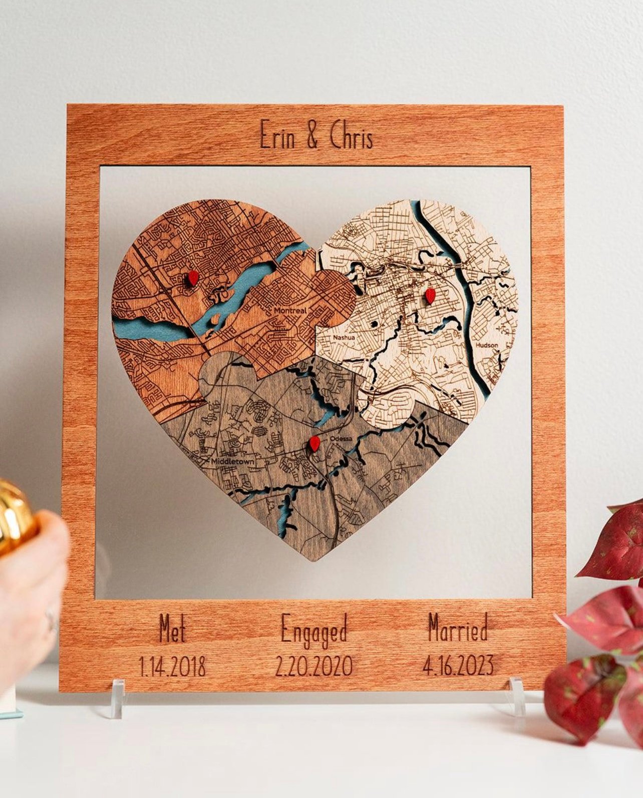 Heart-shaped wooden map keepsake with personalized dates for a couple
