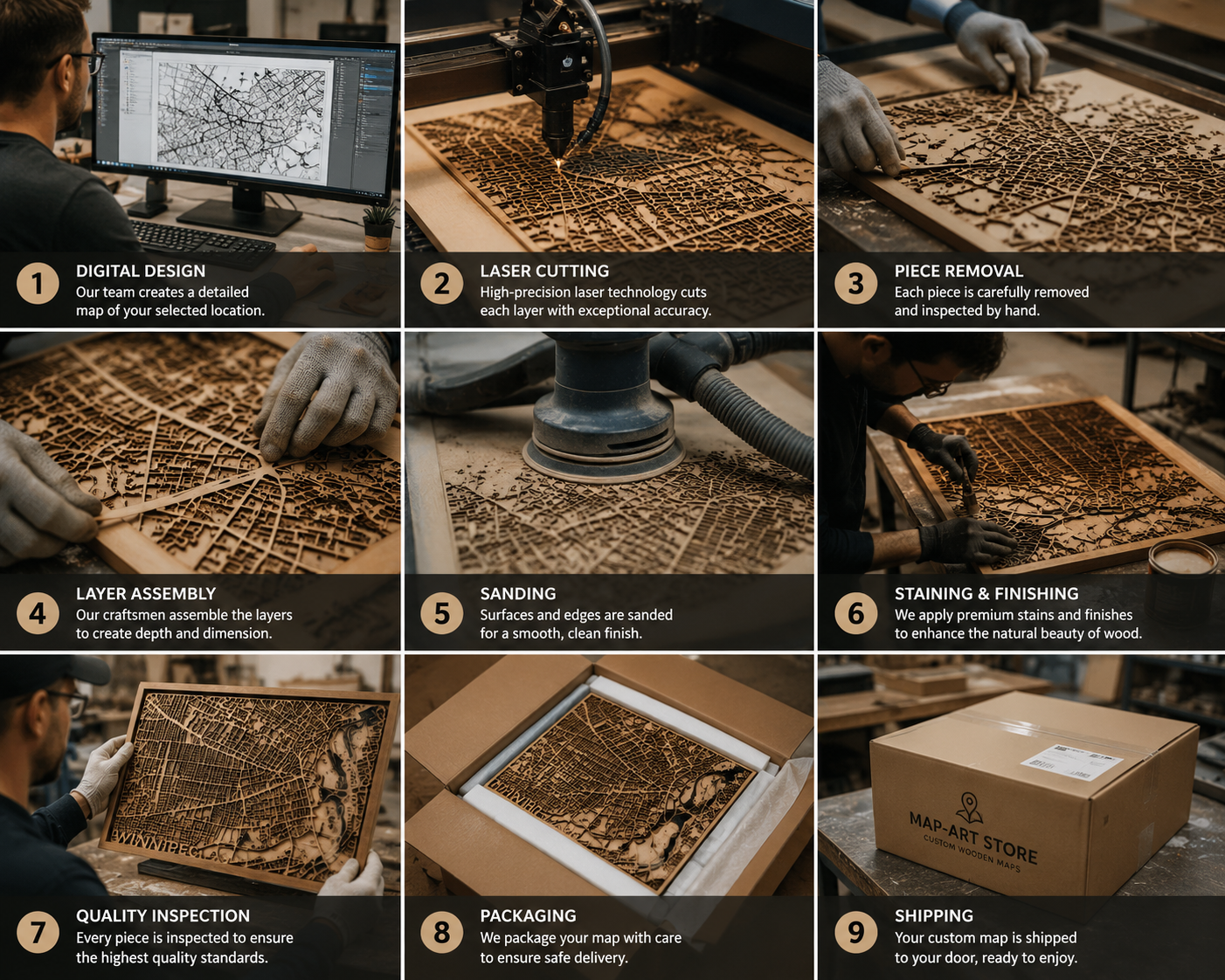 Nine-step process: digital design, laser cutting, piece removal, layer assembly, sanding, staining, inspection, packaging, shipping