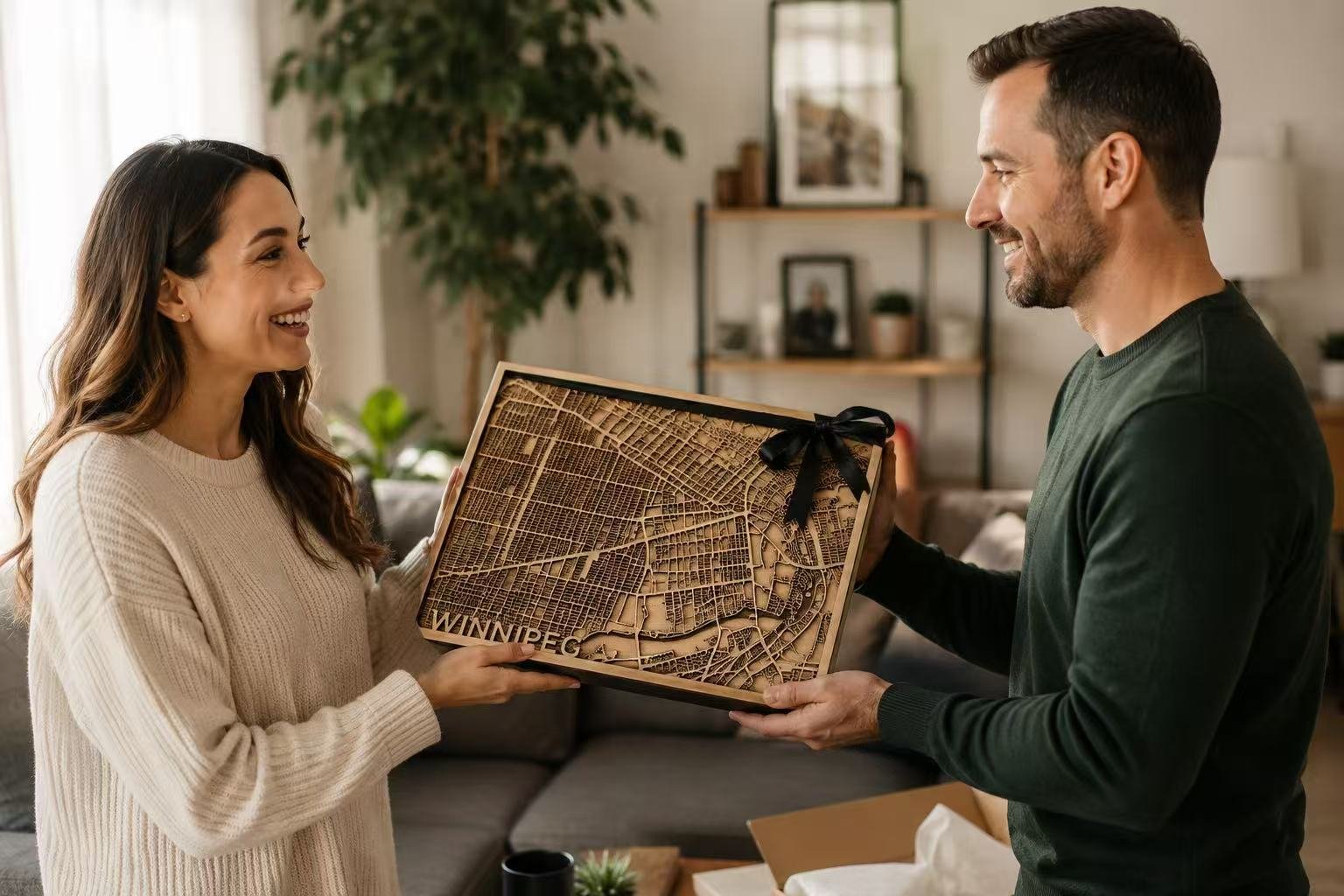 A couple sharing a custom wooden Winnipeg map as a gift