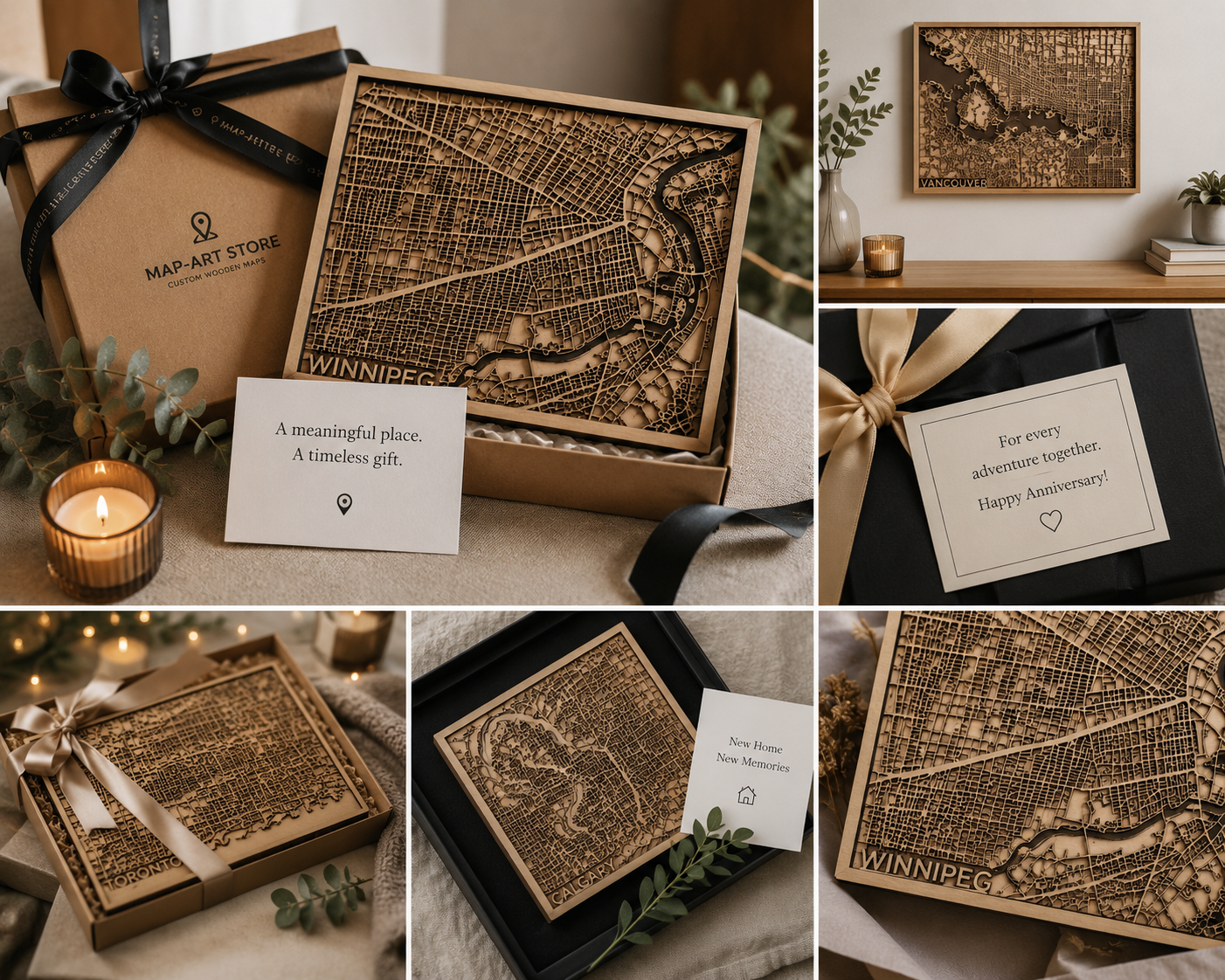 Map-Art Store branded gift packaging with custom cards for anniversaries, new homes, and milestones