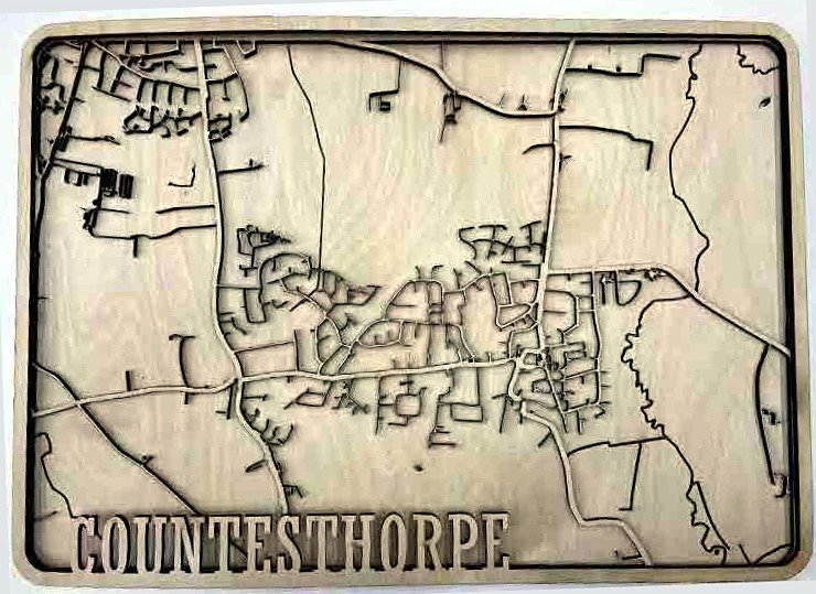 Countesthorpe &mdash; finished laser-cut wooden map on Birch