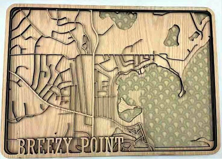Breezy Point &mdash; finished laser-cut wooden map on Red Oak