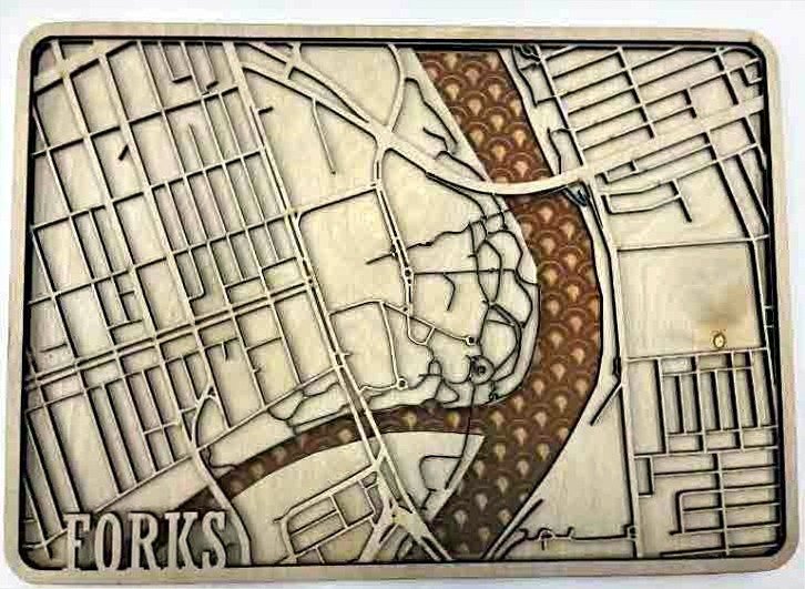 The Forks &mdash; finished laser-cut wooden map on Birch