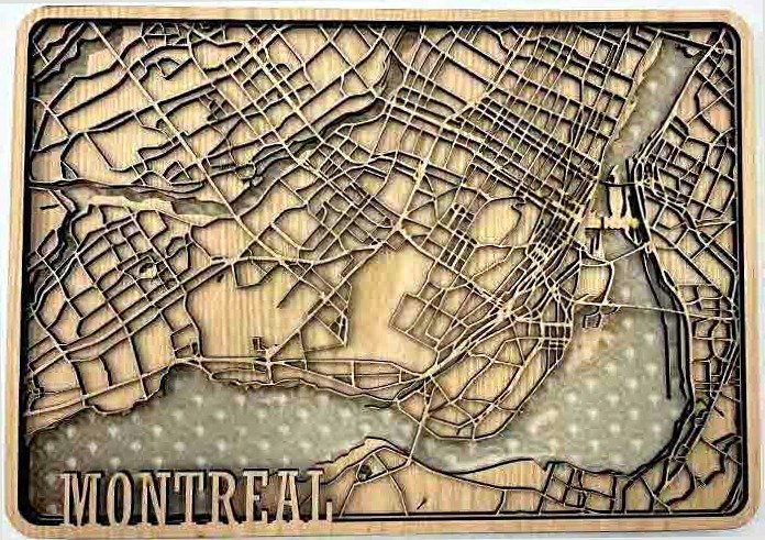 Montreal &mdash; finished laser-cut wooden map on Red Oak